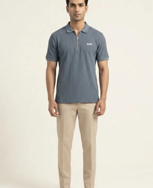 Greyish Blue Quarter Zip Polo Shirt